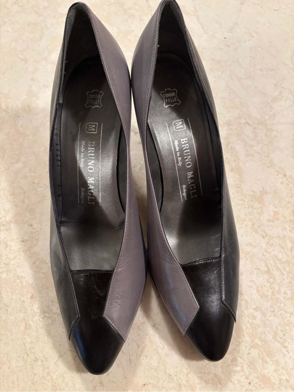 Bruno Magli Two-Tone Black and Gray Leather Pointed-Toe Pumps